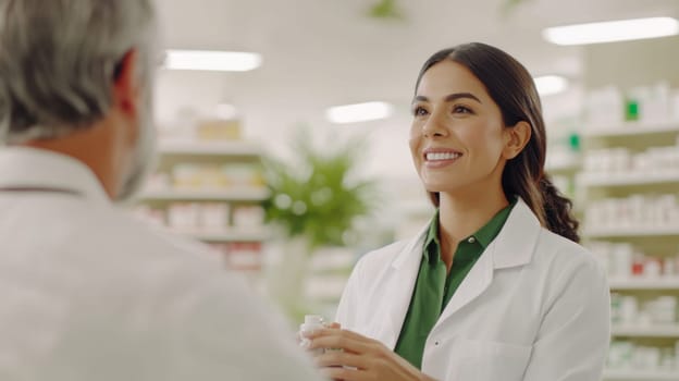 Smiling female pharmacist standing in pharmacy with shelves of medicine in background, AI Generated