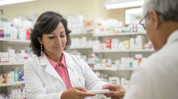 Smiling female latin american pharmacist standing in pharmacy with shelves of medicine in background, AI Generated