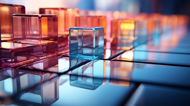 Abstract background of reflective neon purple, blue and orange glass cubes with copy space, AI generated