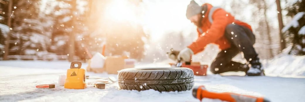Worker in warm clothing changing a car tire on snowy winter day, concept of winter maintenance, roadside assistance, AI Generated