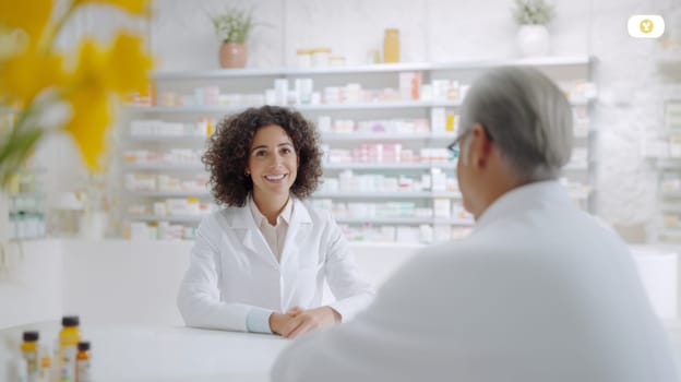 Smiling female latin american pharmacist standing in pharmacy with shelves of medicine in background, AI Generated