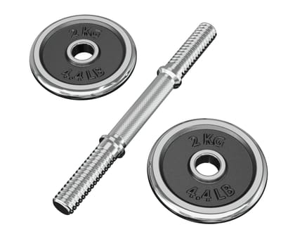 Parts of cast iron chrome Adjustable Dumbbel, rod and weight plates, isolated on white background. 3D illustration