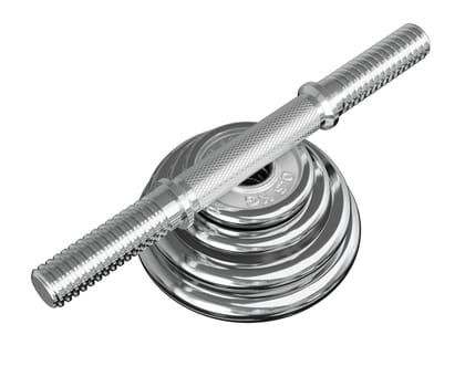 Parts of cast iron Chrome Adjustable Dumbbel, rod and weight plates, isolated on white background. 3D illustration