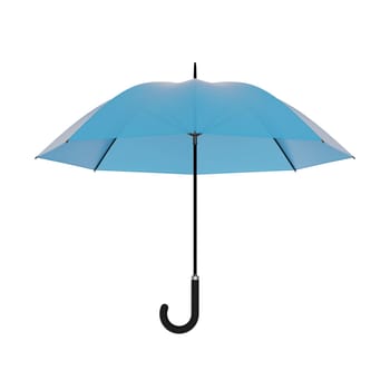 Open blue umbrella with black handle, isolated on white background. 3D illustration
