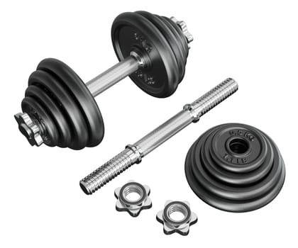 Black Adjustable Dumbbel and one taken apart with rod handle, weight plates and locks isolated on white background. 3D illustration