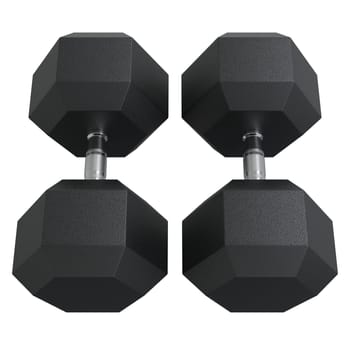 Blank Two Hex Dumbbells, weightlifting gym equipment, top view, isolated on white background. 3D illustration