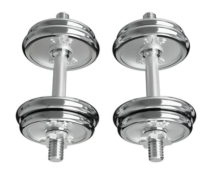 Cast Iron Chrome Adjustable Dumbbells, weightlifting gym equipment, side view, isolated on white background. 3D illustration
