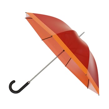 Open red umbrella with black handle lying on a side or flying away, isolated on white background. 3D illustration