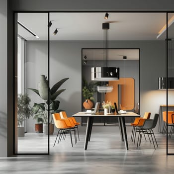 A modern office space with a large glass door and a table with chairs around it. The chairs are orange and black