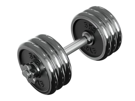 Chrome adjustable dumbbell, weightlifting gym equipment, side view, isolated on white background. 3D illustration