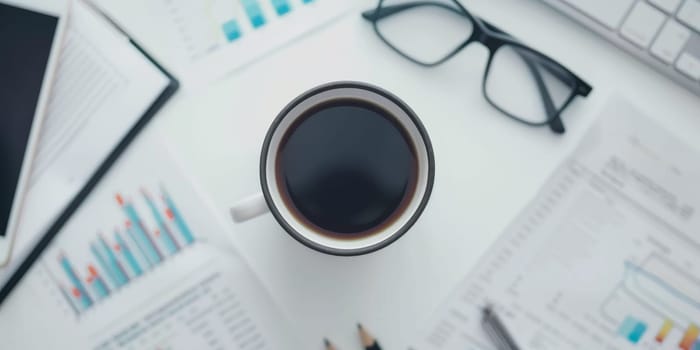 Top-down view of business tools and coffee on a clean white desk.