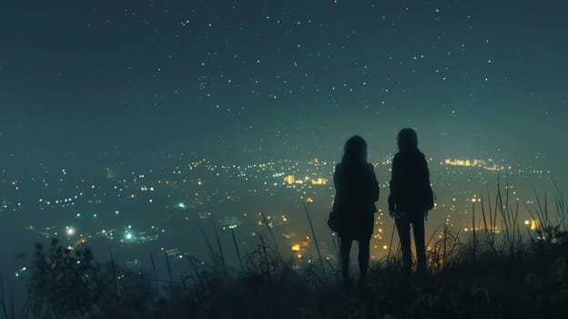 Two figures standing on a hill, their backs to the camera as they look out over the city below, the lights twinkling like stars in the night sky, a symbol of hope and possibility