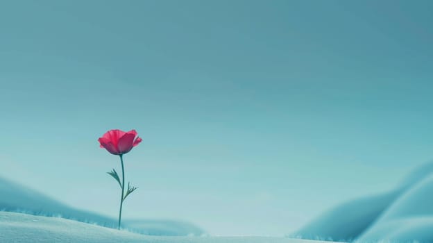 A small red flower is standing in the snow. The image has a serene and peaceful mood, as the flower is the only object in the scene
