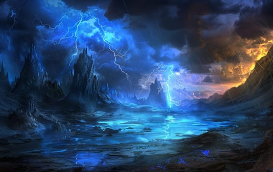 A digital painting shows a dynamic contrast of lightning-filled dusk over a rugged mountainscape, hinting at untold stories. 3d rendering colored lightning strike