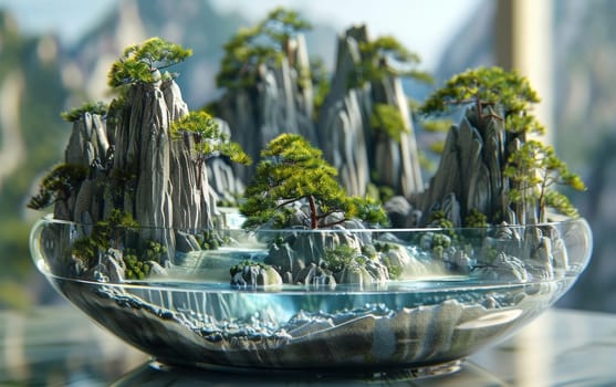 A glass bowl perfectly frames a majestic mountain miniature, featuring tiered waterfalls and verdant greenery for an awe-inspiring display