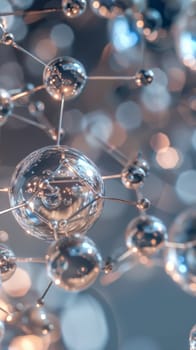 A close-up view of spherical molecular structures with a depth of field, highlighting reflective surfaces and interconnected rods against a soft, bokeh background