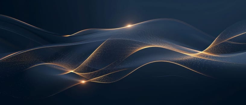 A luxurious abstract design featuring flowing golden lines on a navy canvas, exuding a sense of movement and sophistication. Blue gold abstract wave lines background