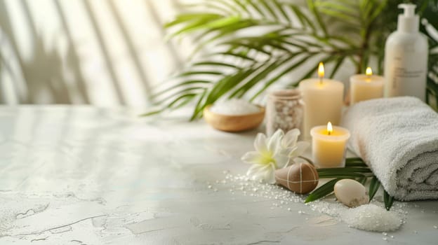 Tranquil arrangement of spa and relaxation items with designated copy space