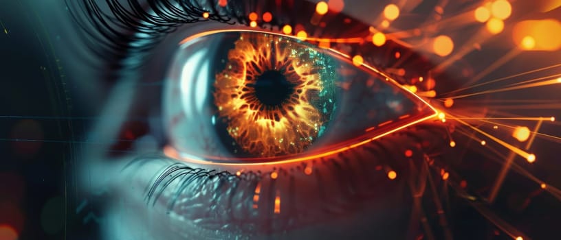 Close-up of an eye overlaid with a fiery digital network, showcasing futuristic connection and surveillance
