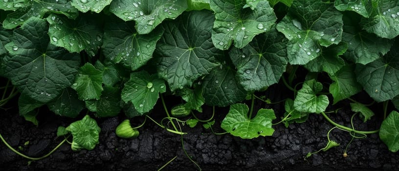 Water droplets glisten on the broad leaves of cucumber vines sprawling over dark, fertile soil