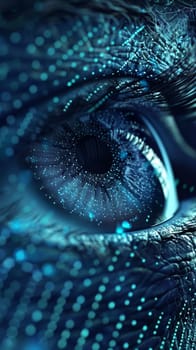 An eye exhibiting a network of digital nodes, invoking a cybernetic theme of interconnected biometric technology