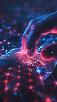A hand interacts with a vibrant digital interface, evoking a tactile connection with virtual data streams and cyber networks