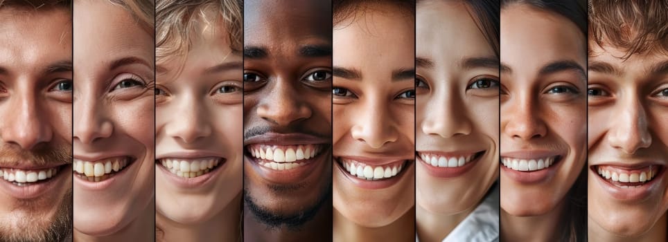 An expansive spread of six diverse individuals, captured mid-laugh, presenting an uplifting mosaic of smiles and positive energy