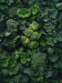 An intense, dramatic close-up of tightly clustered broccoli florets, their deep, almost black-green hues and intricate structures commanding attention