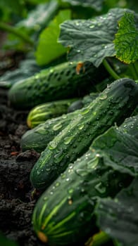 Glistening cucumbers laden with rainwater drops, nestled among the leaves in a rich garden bed
