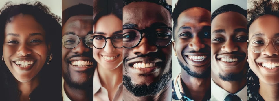 A seamless panorama of six joyful individuals, each from different cultural backgrounds, showcasing a range of warm, inviting smiles