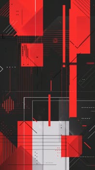 A complex red geometric pattern overlaid on a black background creates a visually captivating abstract artwork. Black white red abstract geometric presentation