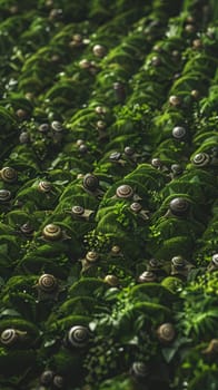 Vibrant green leaves host an abundance of snails in a sustainable snail farm, a close-up view into snail farming practices
