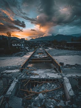 Stormy skies at sunset create a dramatic and ominous atmosphere over the weathered and abandoned railroad tracks, with towering mountains in the background adding to the sense of isolation and decay