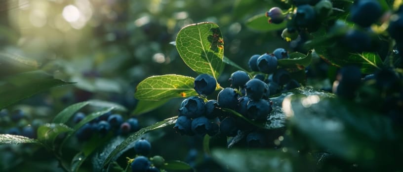 Dew-covered blueberries nestled among lush green leaves on a twisting vine, creating a serene and tranquil natural scene.