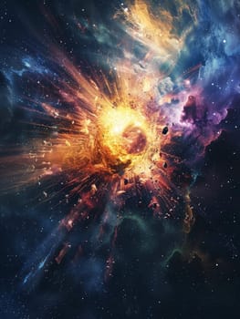A dazzling cosmic explosion radiates a spectrum of incandescent hues, sending streaks of celestial fire across the inky expanse of the universe