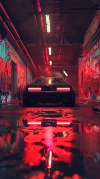 A sleek retro car bathed in neon glow stands out in a dimly lit alley adorned with vibrant graffiti, reflecting on the wet asphalt below