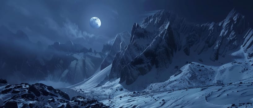 A serene moonlit scene highlighting the rugged textures of an alpine landscape blanketed in snow, with a backdrop of a star-studded sky