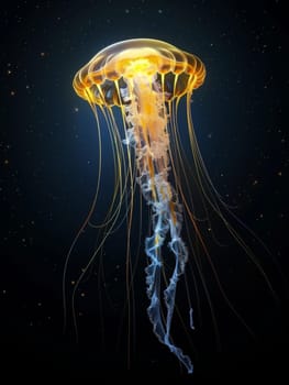 A jellyfish with a translucent, dome-shaped bell with patterns of white spots and orange coloration near the edges, illuminated against a dark background