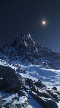 The captivating sight of a solitary peak under a night sky, illuminated by a radiant moon amidst the glistening constellations