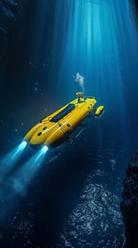 A yellow submersible craft glides through the captivating underwater world, illuminated by its powerful lights against the dramatic backdrop of the deep azure sea and cascading sunlight beams
