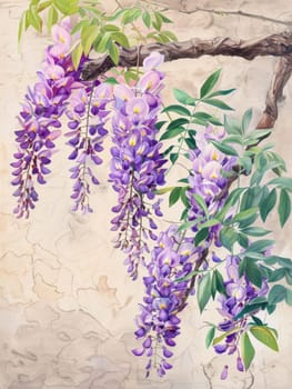 A watercolor painting of cascading wisteria flowers with various shades of purple blooms hanging from branches with green leaves