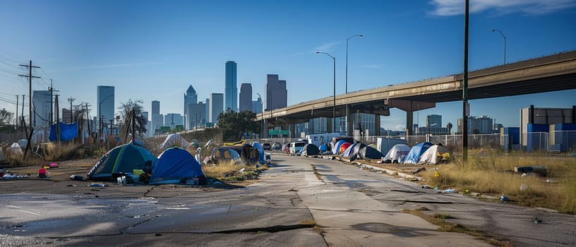Tents crowd an abandoned roadway, juxtaposed with a city skyline, painting a picture of life on the margins in the shadow of urban growth