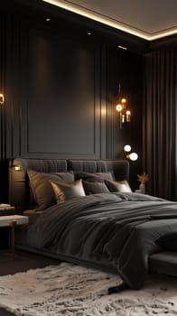 A striking, all-black bedroom exuding a sense of sophisticated serenity. Decorative moldings, statement lighting, and a plush, tufted headboard create a captivating and cozy sanctuary