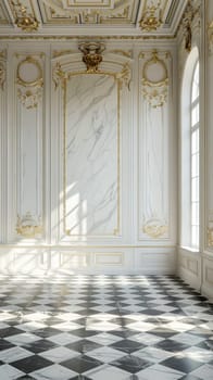 An opulent and grand marble-paneled hall with ornate gold accents, intricate architectural details, and a magnificent arched window, creating a regal and sophisticated atmosphere