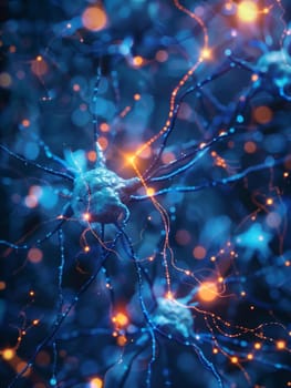 An intricate network of neurons illuminated with vibrant bursts of electrical activity, creating a mesmerizing abstract display of neurological energy