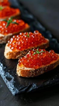 Delectable caviar canapes made with crispy toast and topped with vibrant red caviar pearls, creating an elegant and sophisticated appetizer