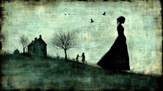 Little girls playing in the garden,in the sky birds and in the distance you can see the house.AI generative.