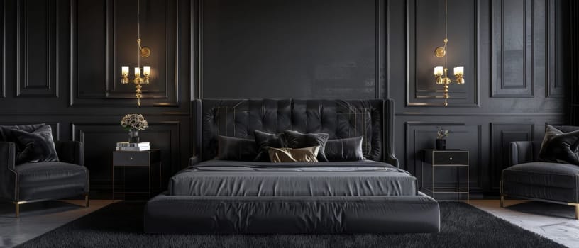This opulent dark bedroom creates a lavish, cocoon-like retreat with its deep charcoal walls, sumptuous tufted headboard, and gleaming brass accents elevating the space to one of pure sophistication