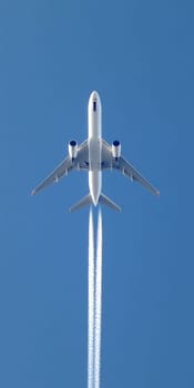 Condensation trails of a flying jet. AI generative.