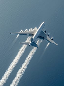 Condensation trails of a flying jet. AI generative.